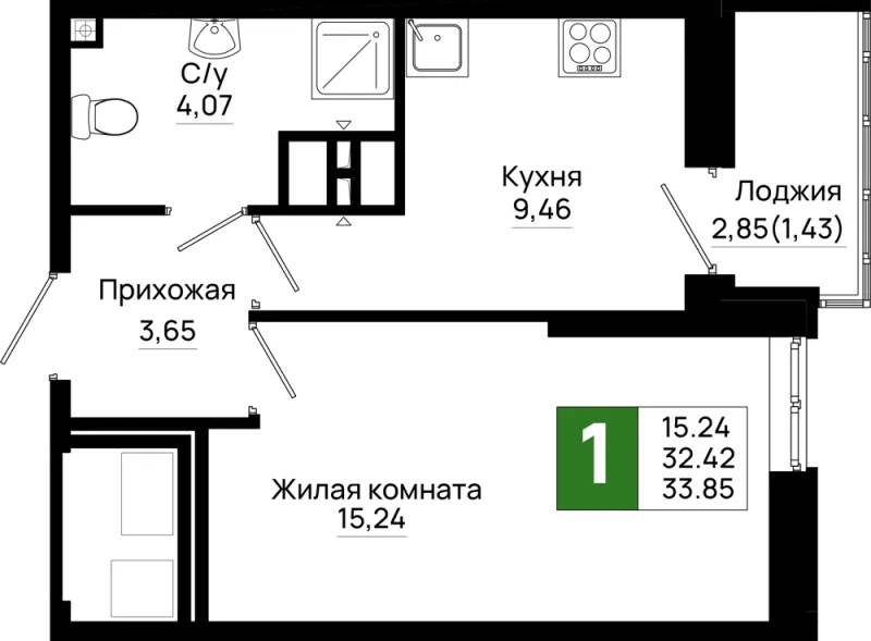 1-комн. 33.9 м²