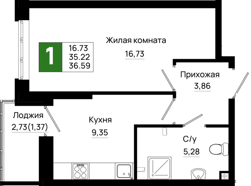 1-комн. 36.6 м²