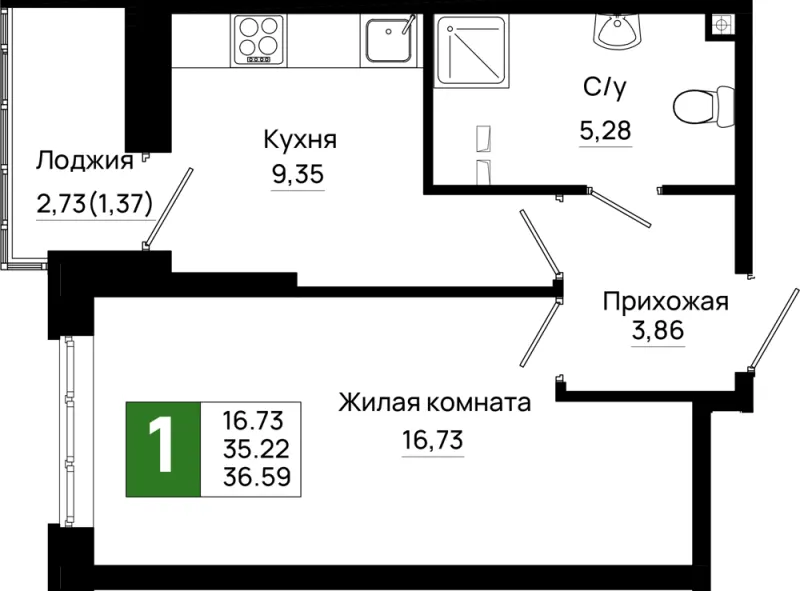 1-комн. 36.6 м²
