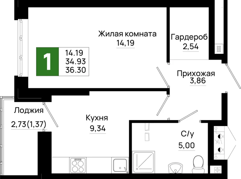 1-комн. 36.3 м²
