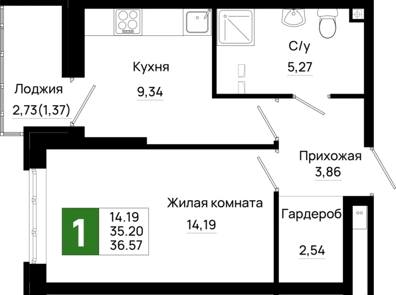 1-комн. 36.6 м²