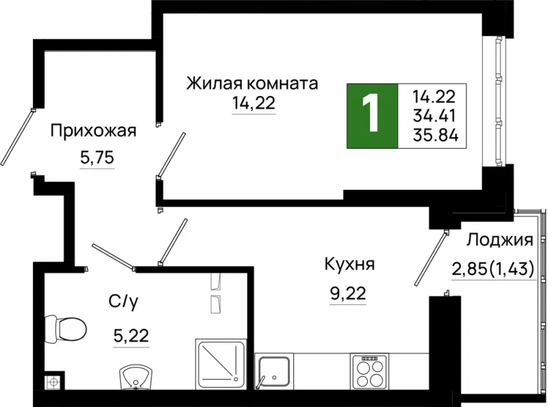 1-комн. 35.8 м²