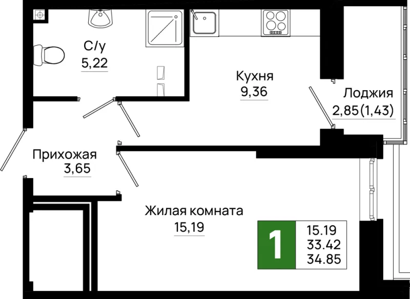 1-комн. 34.9 м²
