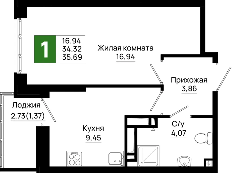 1-комн. 35.7 м²
