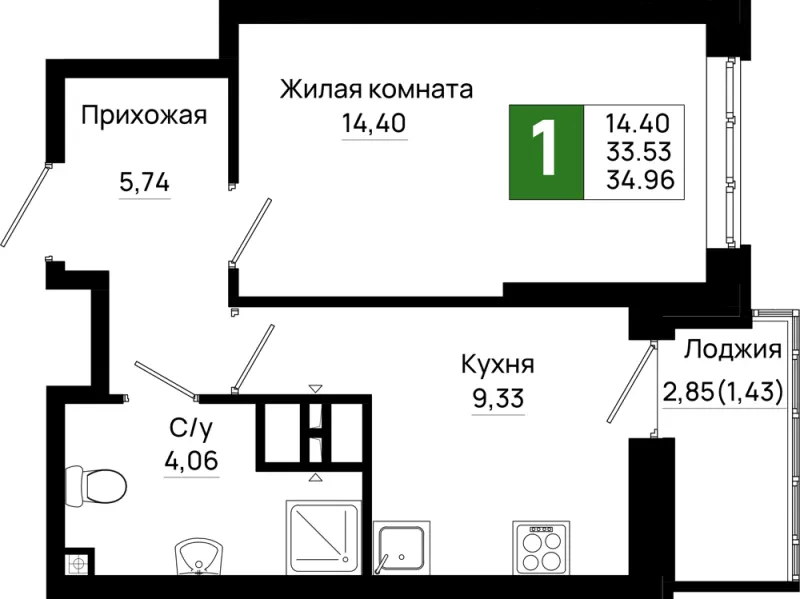 1-комн. 35 м²