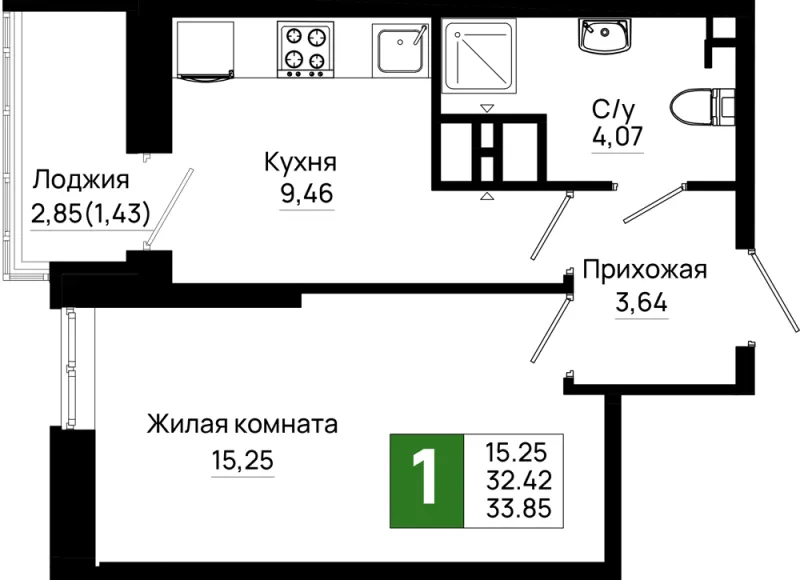 1-комн. 33.9 м²