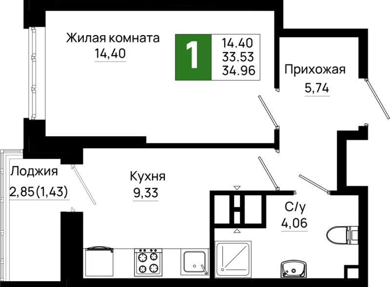 1-комн. 35 м²