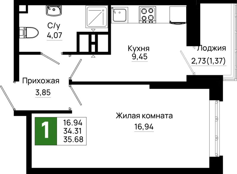1-комн. 35.7 м²