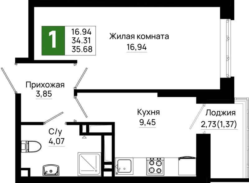 1-комн. 35.7 м²