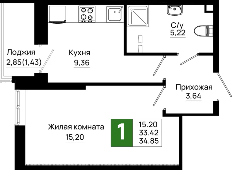 1-комн. 34.9 м²