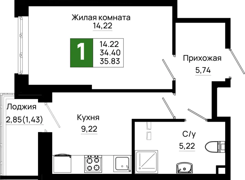 1-комн. 35.8 м²