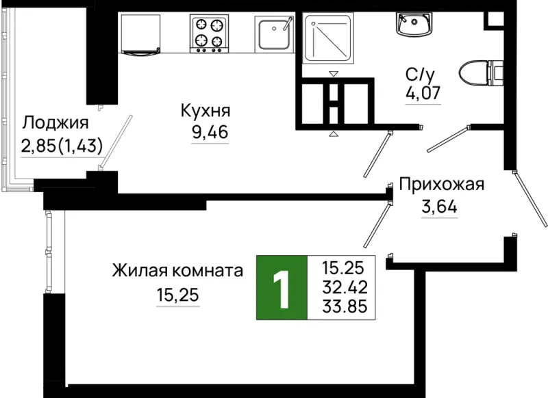 1-комн. 33.9 м²