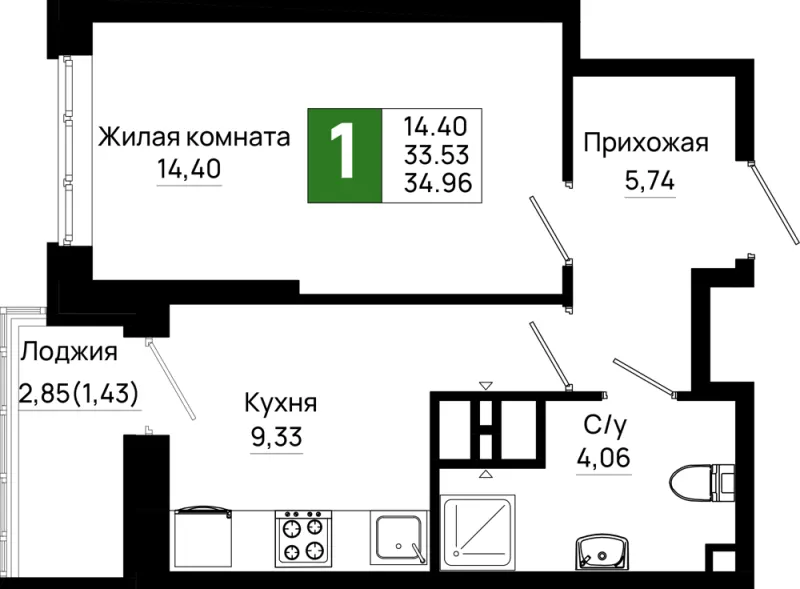 1-комн. 35 м²