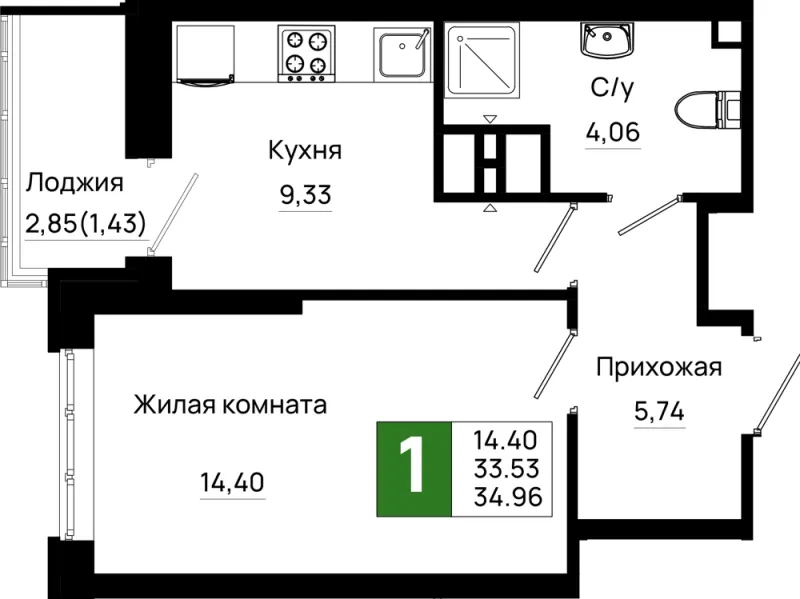 1-комн. 35 м²