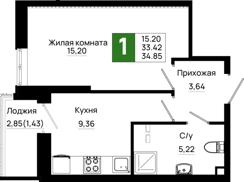 1-комн. 34.9 м²