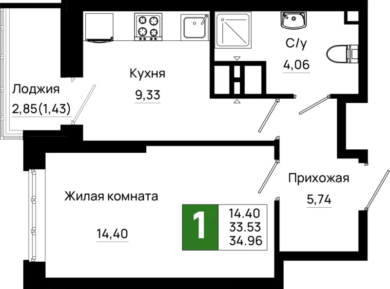1-комн. 35 м²