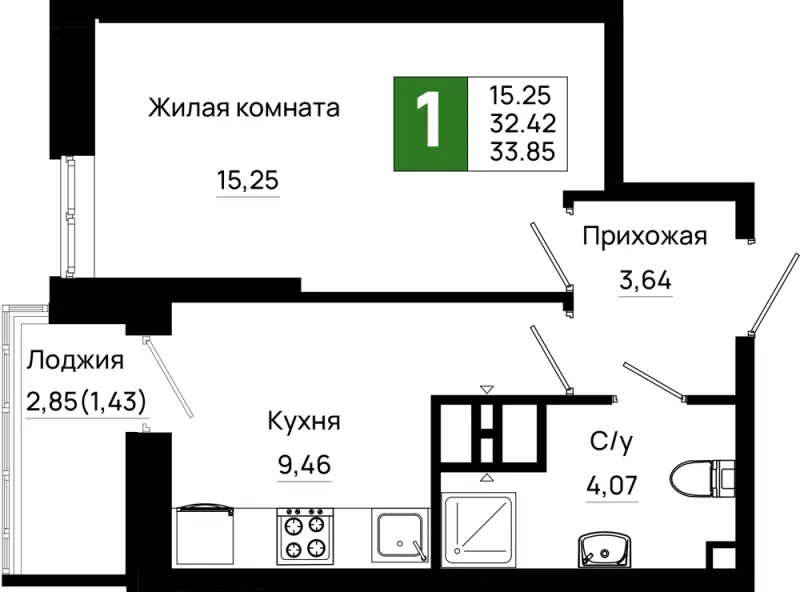 1-комн. 33.9 м²