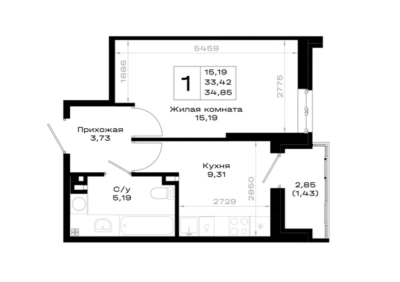 1-комн. 34.9 м²