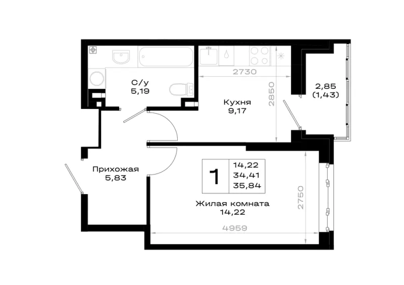 1-комн. 35.8 м²