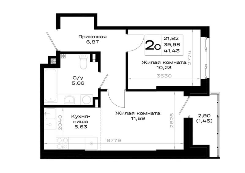 1-комн. 41.4 м²