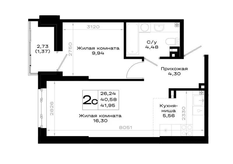 1-комн. 42 м²