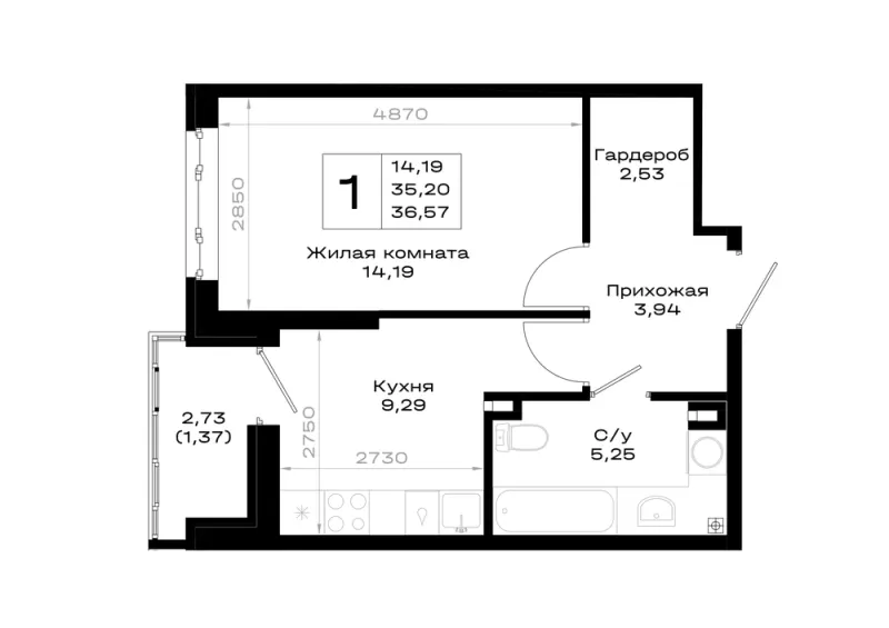 1-комн. 36.6 м²