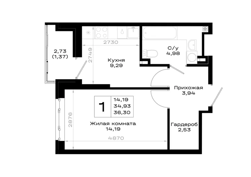 1-комн. 36.3 м²