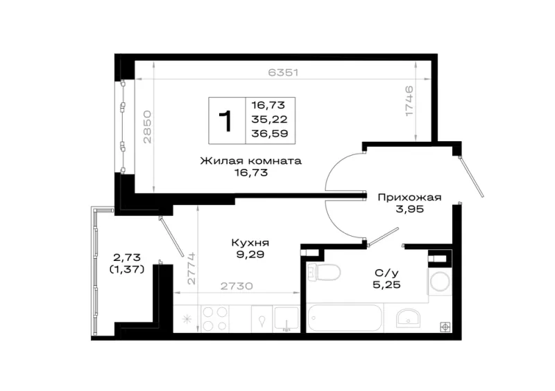 1-комн. 36.6 м²
