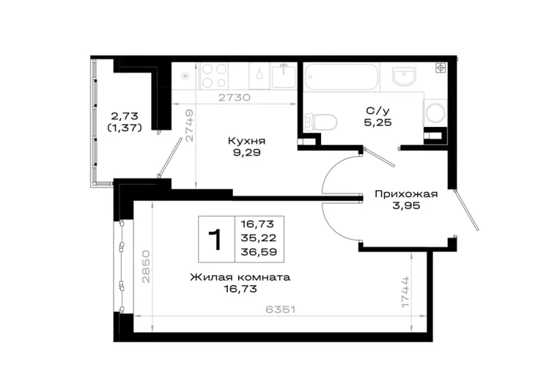 1-комн. 36.6 м²