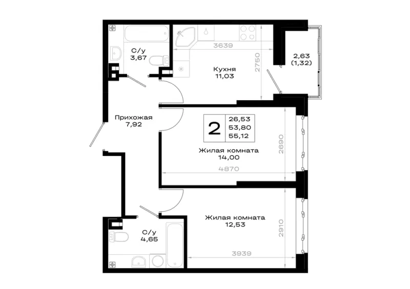 2-комн. 55.1 м²