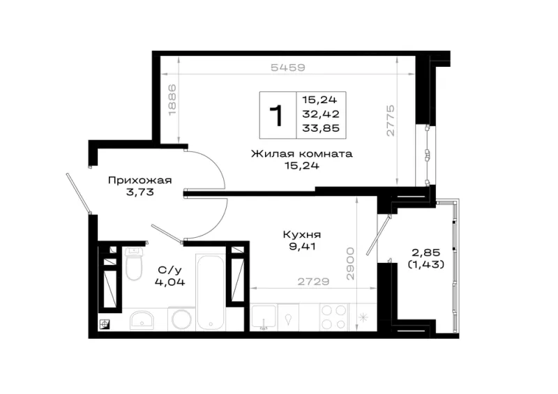 1-комн. 33.9 м²