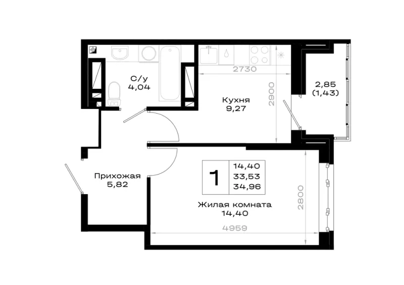 1-комн. 35 м²