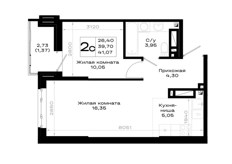 1-комн. 41.1 м²