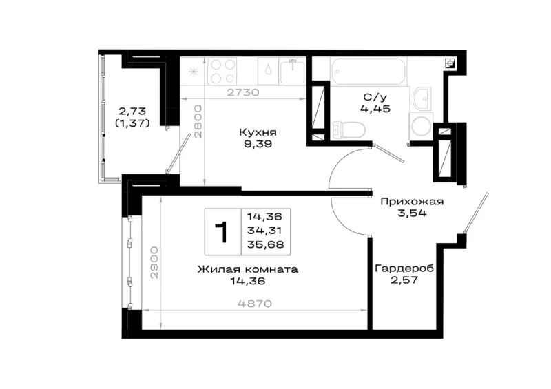 1-комн. 35.7 м²