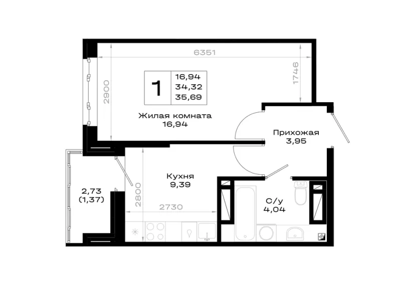 1-комн. 35.7 м²