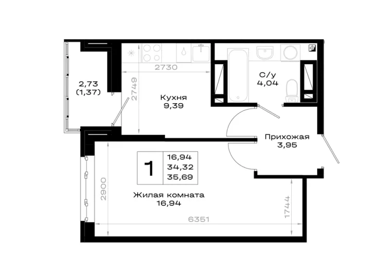 1-комн. 35.7 м²