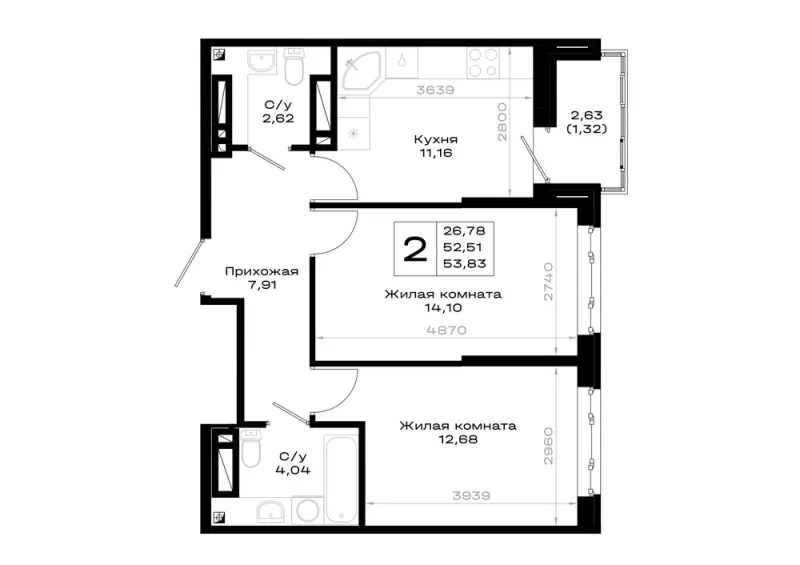 2-комн. 53.8 м²