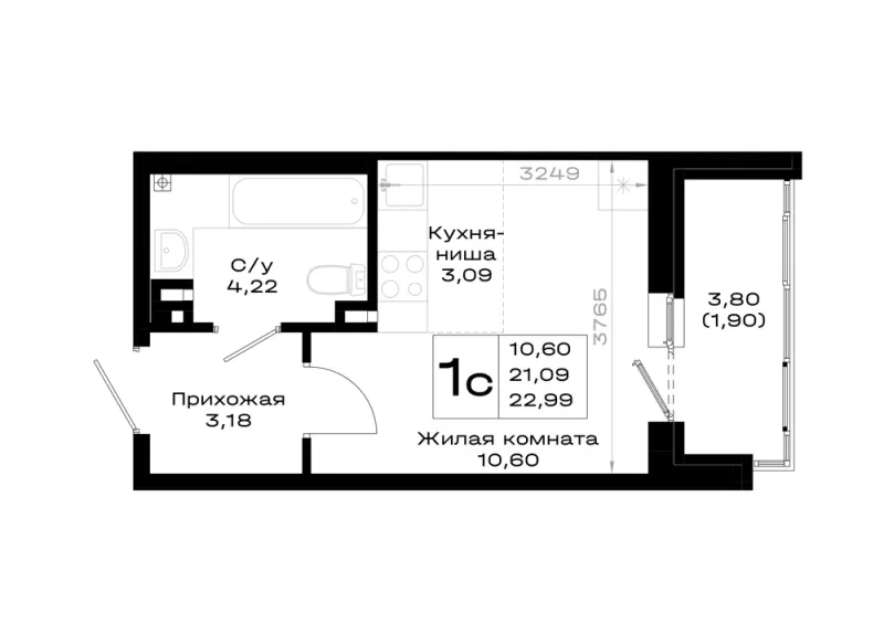 Студия 23 м²
