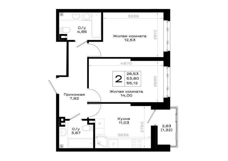 2-комн. 55.1 м²