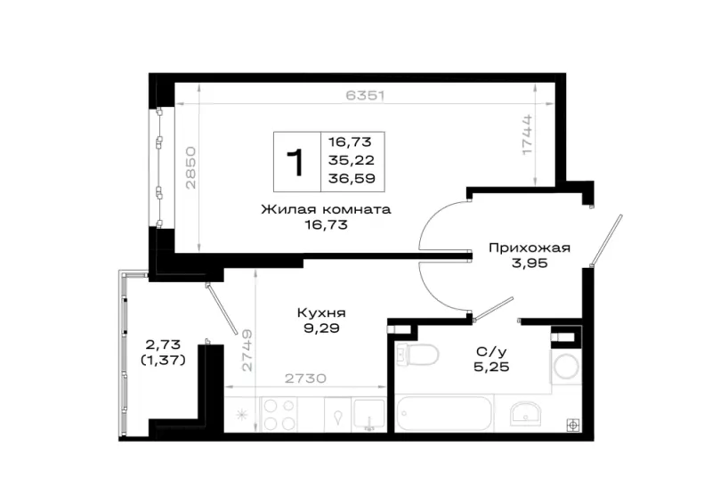 1-комн. 36.6 м²
