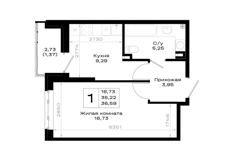 1-комн. 36.6 м²