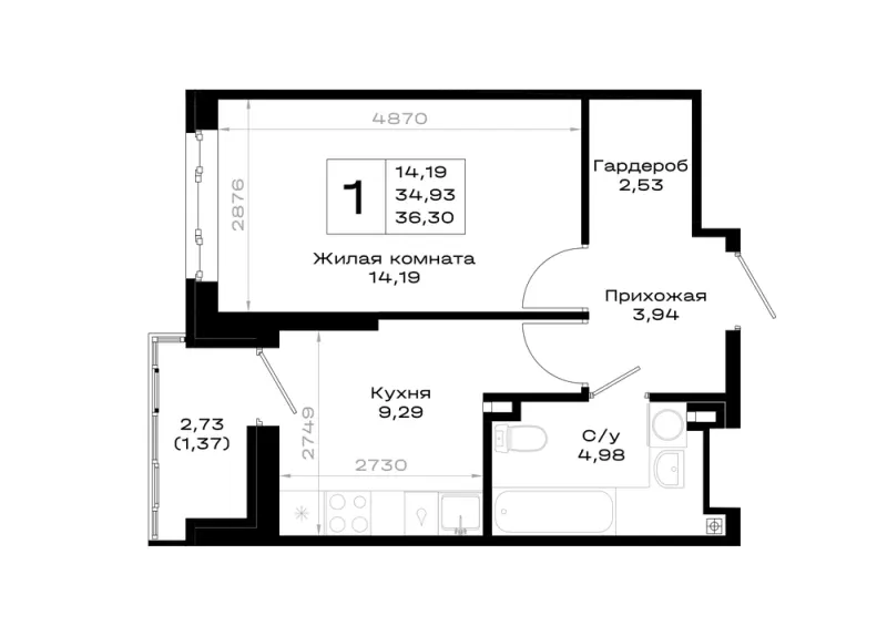 1-комн. 36.3 м²