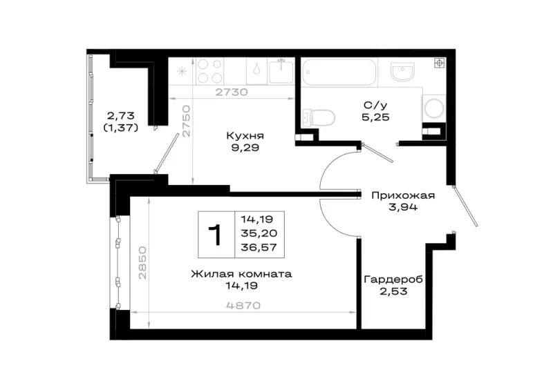 1-комн. 36.6 м²