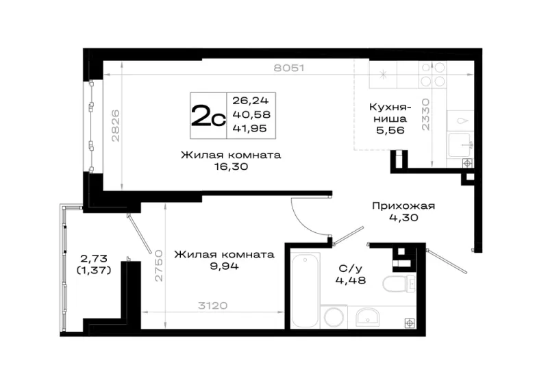 1-комн. 42 м²