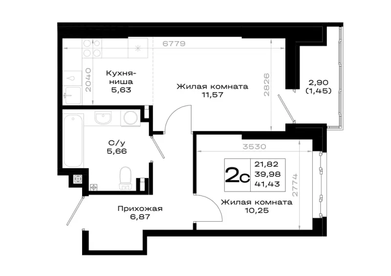 1-комн. 41.4 м²