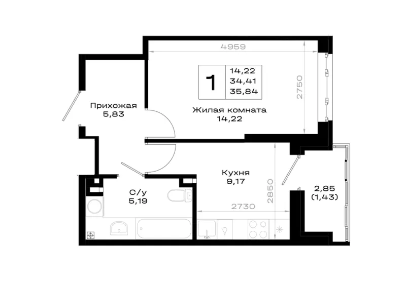 1-комн. 35.8 м²