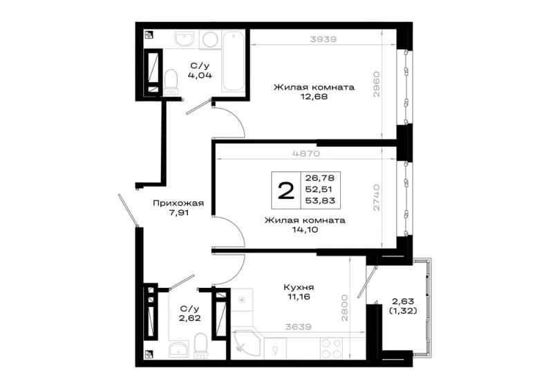 2-комн. 53.8 м²