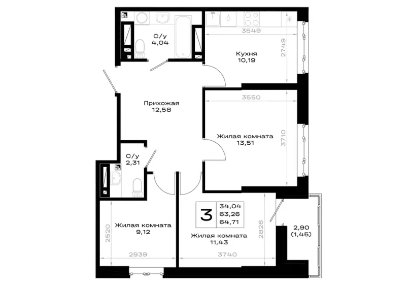 3-комн. 64.7 м²