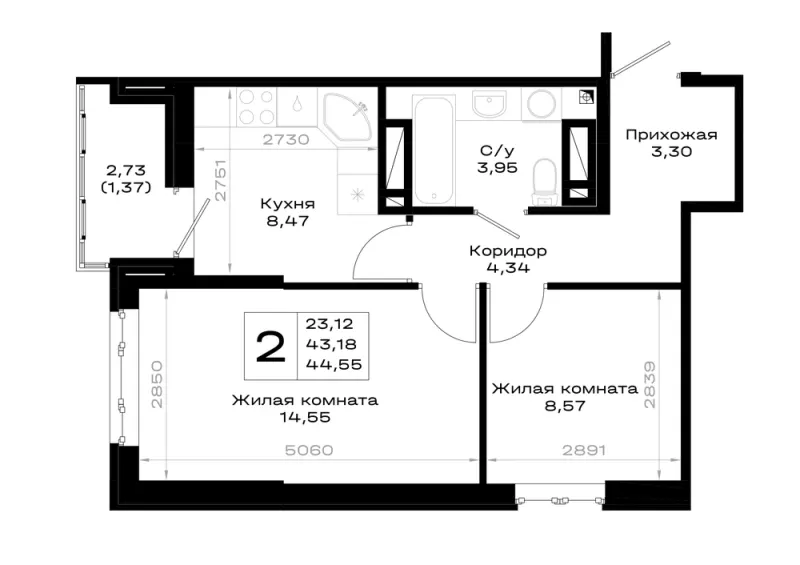 2-комн. 44.6 м²