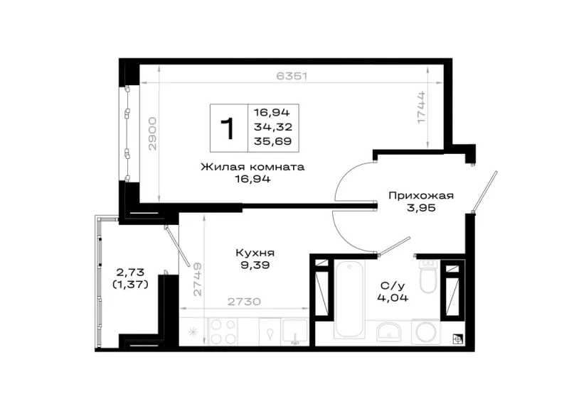 1-комн. 35.7 м²